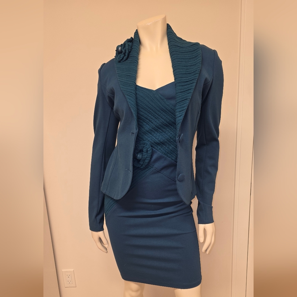 Rinascimento Blazer and Dress Matching Set S Floral Applique In Turquoise